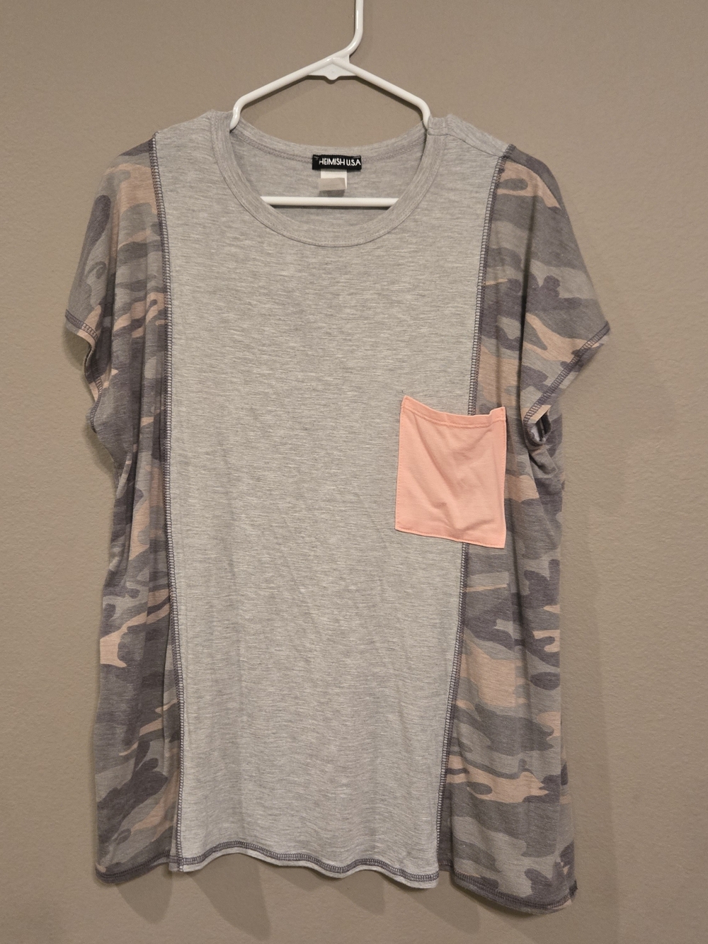 HEIMISH USA Gray Tee with Pink Pocket and Camo Side Panels
